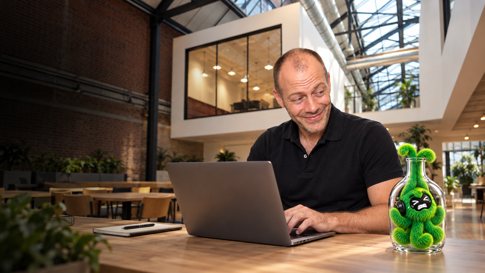 Alexandre Ouellet works on a laptop in the Workleap office while helping a green octopus agent escape a glass bottle.