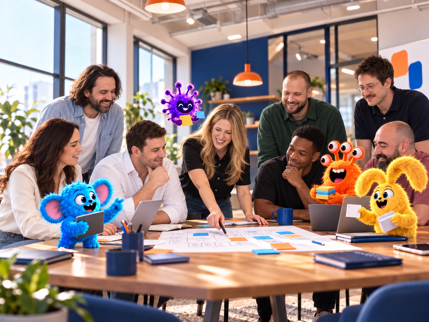 Fictional human leaders and teammates decide together around a table while colourful AI-agent characters assist with ideas and notes.